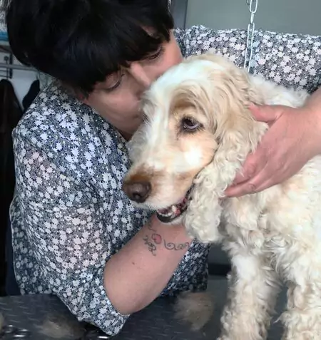 une femme fait un bisou à un chien